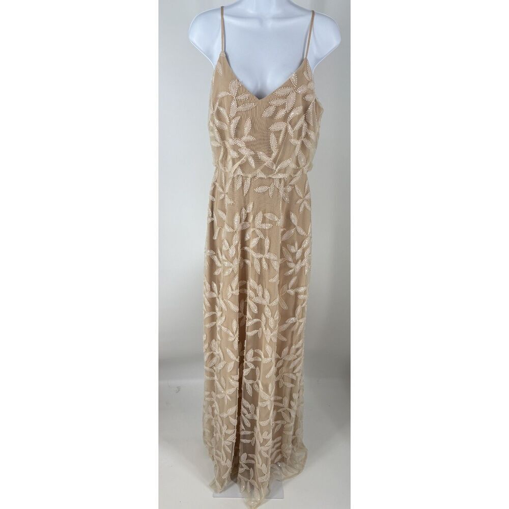 WAYF Nude Beaded Maxi Dress | Sheer Mesh Embroidered Formal Gown